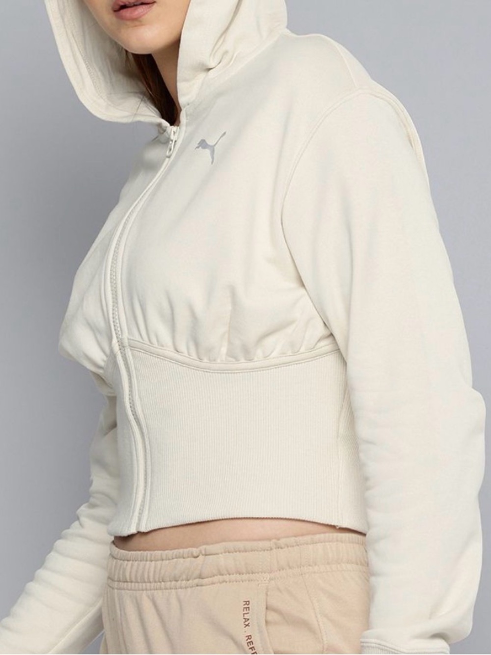 Puma “Dare To Cropped Hoodie” Zip Up Sweatshirt in Cream Cotton Women’s Size L